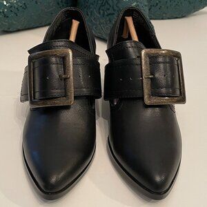 Strange Cvlt Grimm Heel in Matte Black/Brass Buckle, Size 5